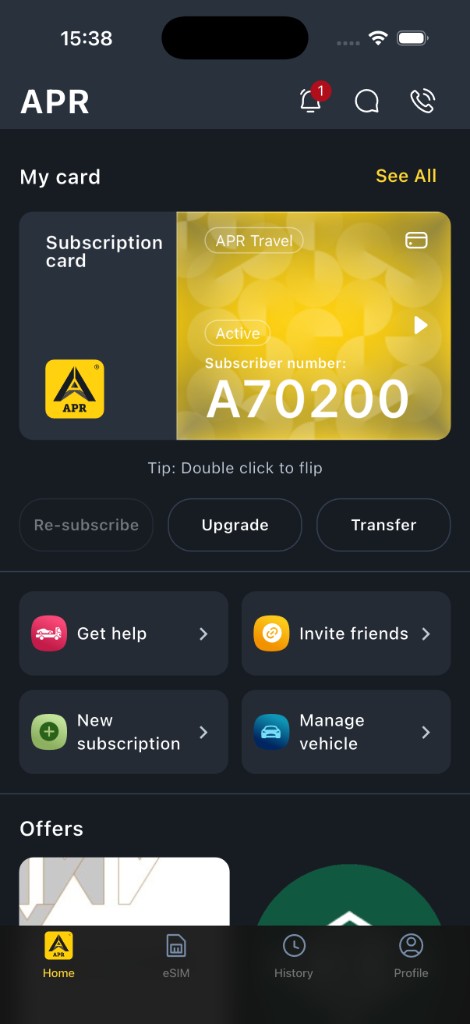 APR home screen with subscription card and quick actions