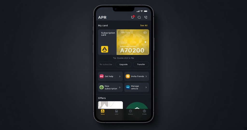 APR home screen with subscription card and quick actions